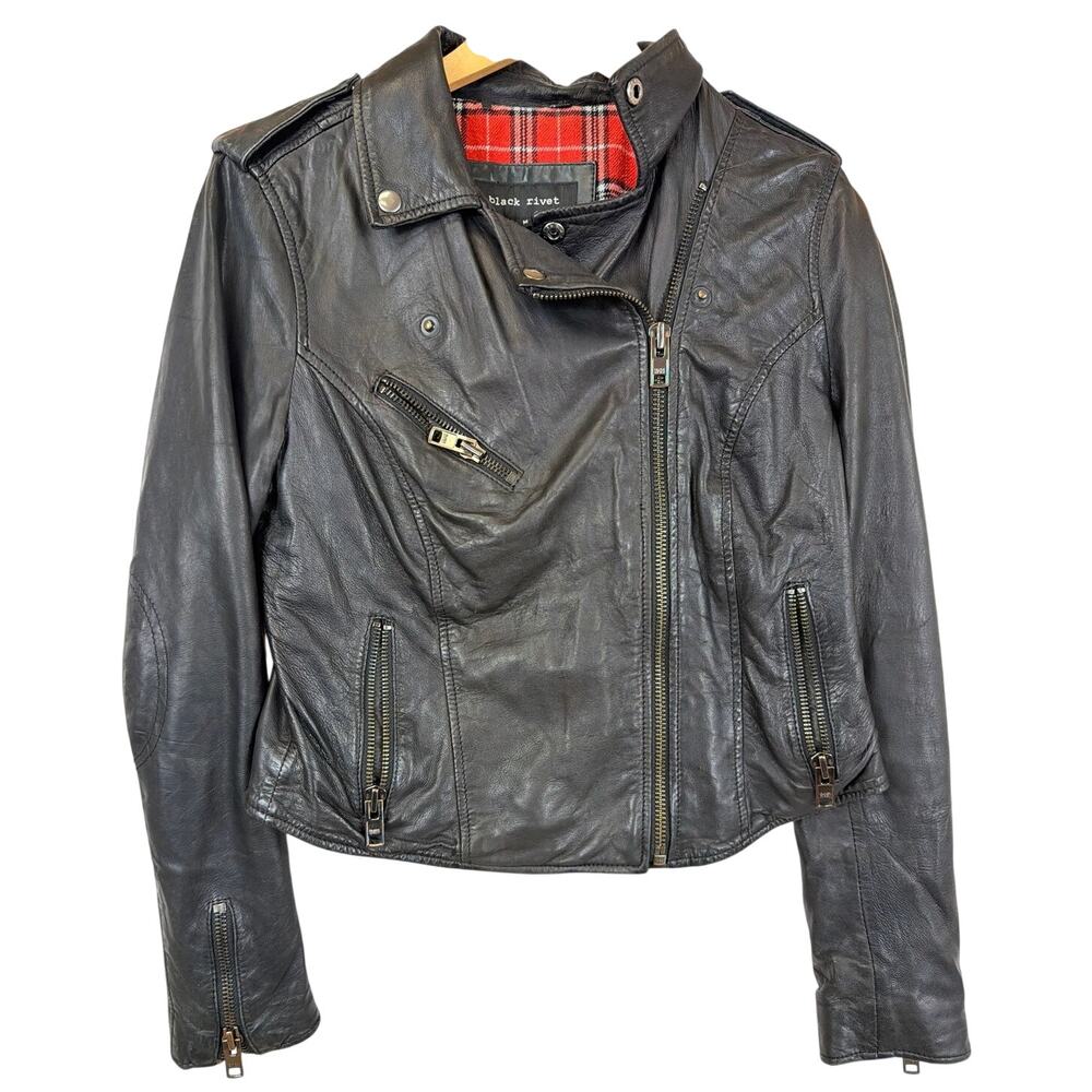 Black Rivet Black Leather Zip Moto Jacket with Snaps Size M